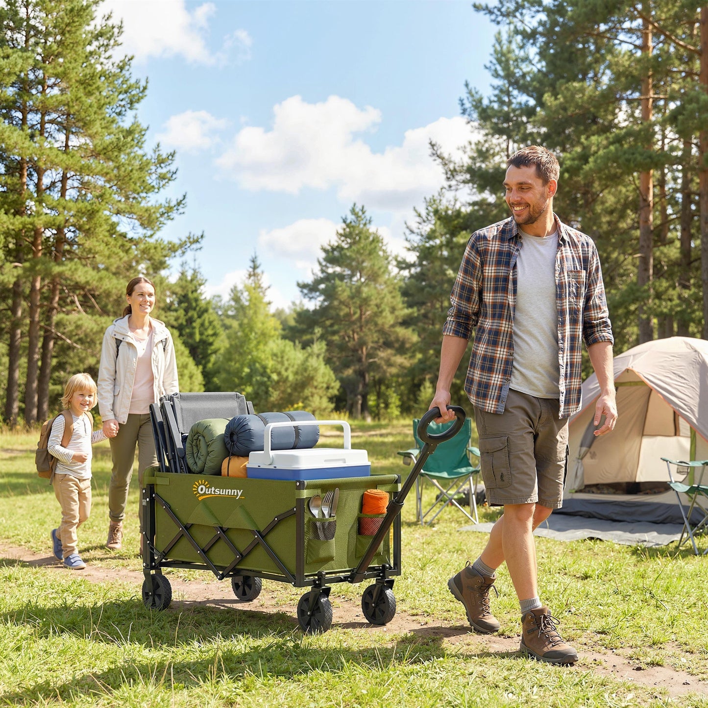 Outsunny 60L Foldable Festival Trolley on Wheels, Collapsible Wagon Cart with Drop-Down Tailgate, Adjustable Handle, Green