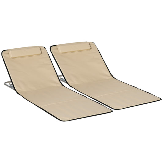 Outsunny Zestaw 2 składanych mat ogrodowych na plażę Lekkie siedziska leżaków ogrodowych Regulowane oparcie Metalowa rama Poduszka na głowę z tkaniny PE z torbą transportową, beżowy
