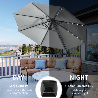 Outsunny 3(m) LED Cantilever Parasol ogrodowy z podstawą krzyżową i lampami solarnymi Szary