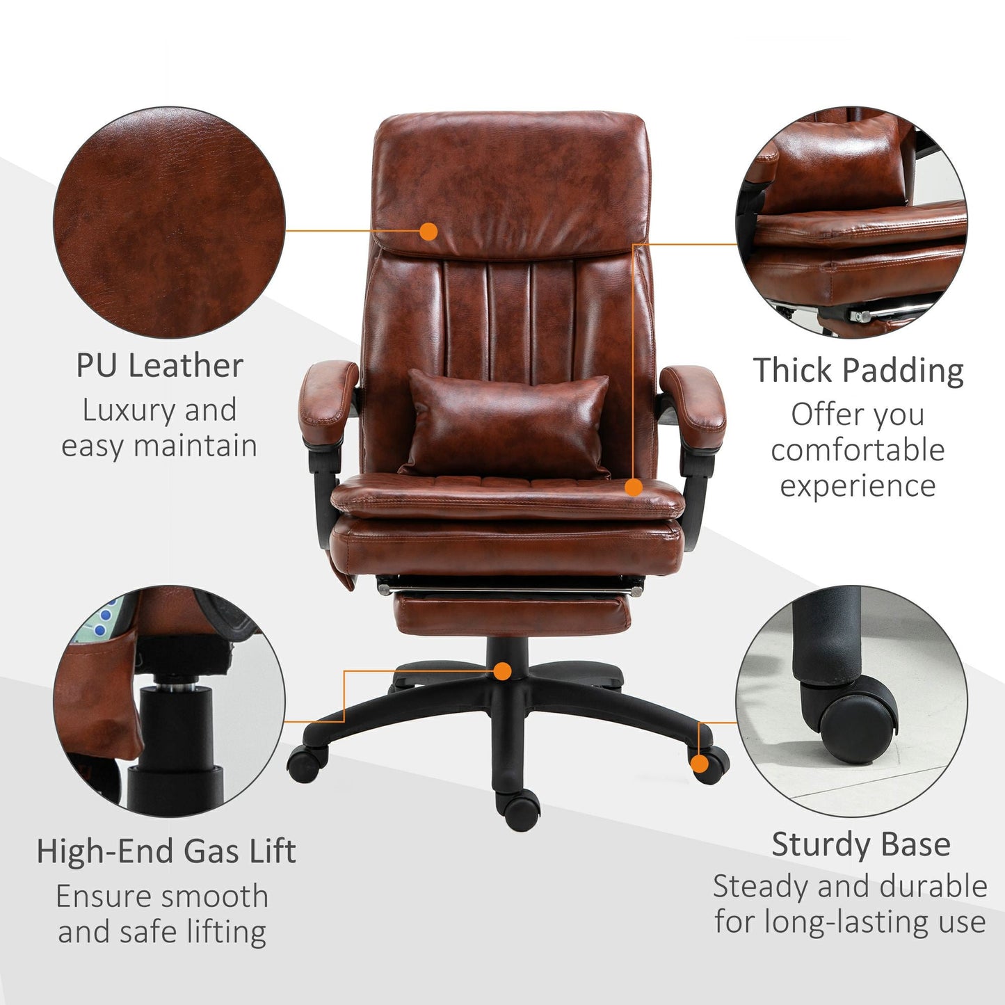 Vinsetto High Back Office Chair, Gaming Recliner Chair with Footrest, 7 Massage Points, Adjustable Height, Reclining Back, PU Leather, Brown