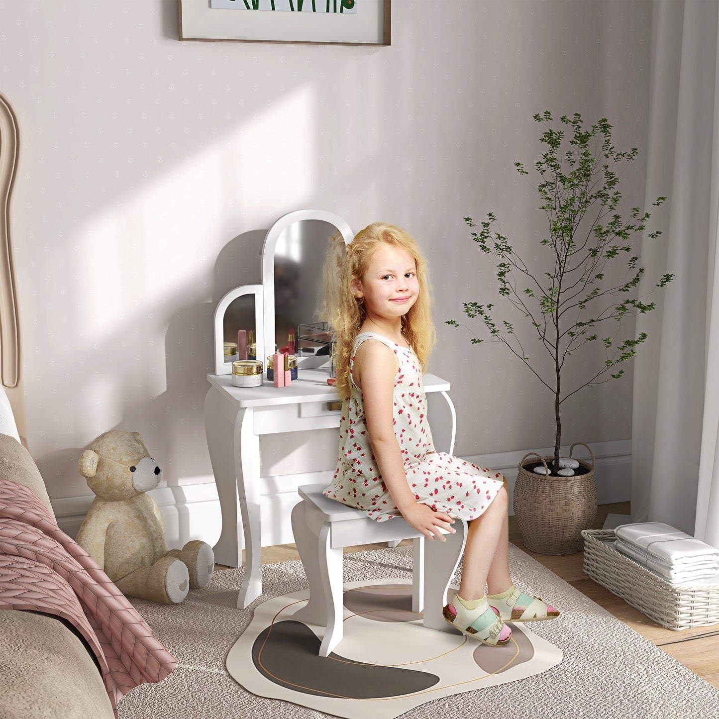 HOMCOM Kids Dressing Table Set, with Mirror and Drawer - White
