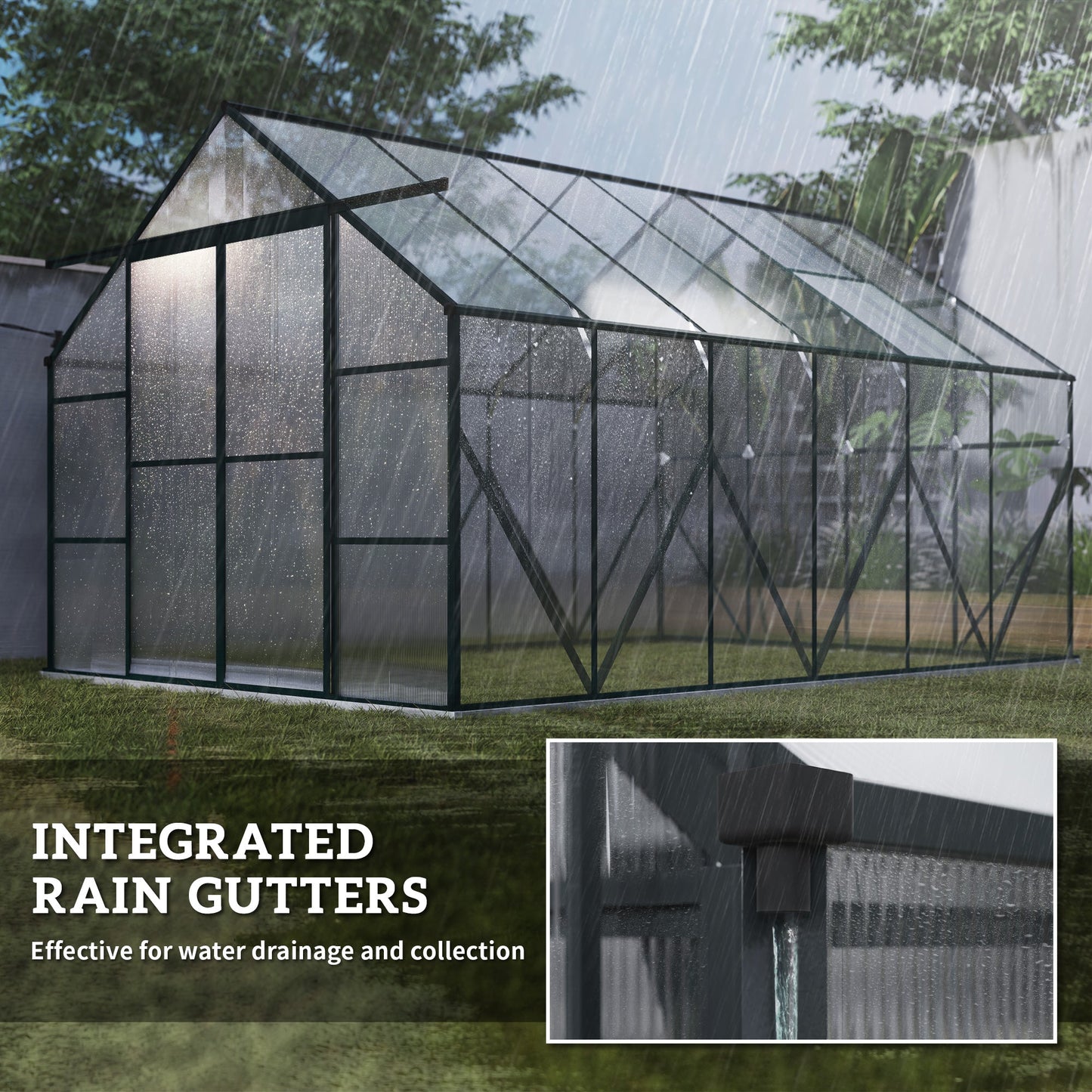 Outsunny 8 x 12ft Aluminium Greenhouse Polycarbonate Walk-in Garden Greenhouse Kit with Adjustable Roof Vent, Double Sliding Door, Rain Gutter and Foundation, Clear