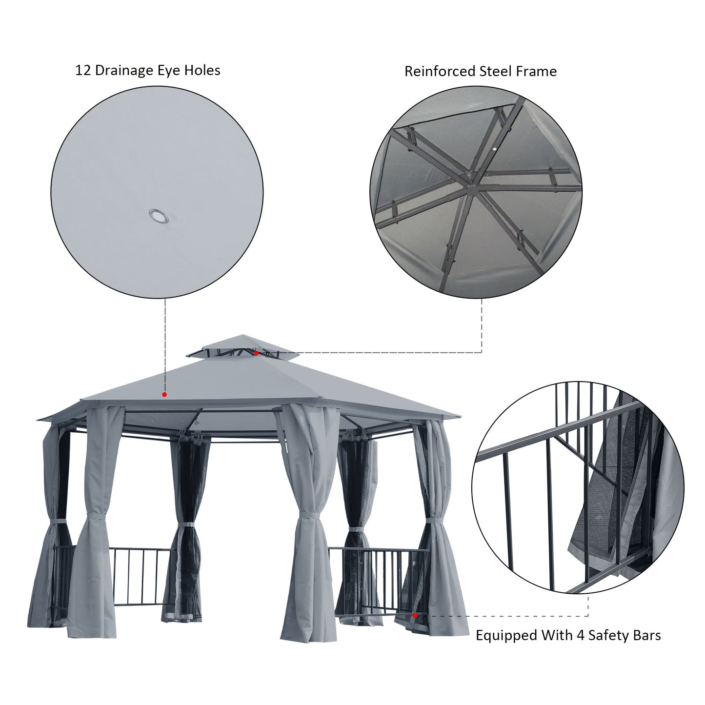 Outsunny Hexagon Gazebo Patio Canopy Party Tent Outdoor Garden Shelter w/ 2 Tier Roof &amp; Side Panel - رمادي