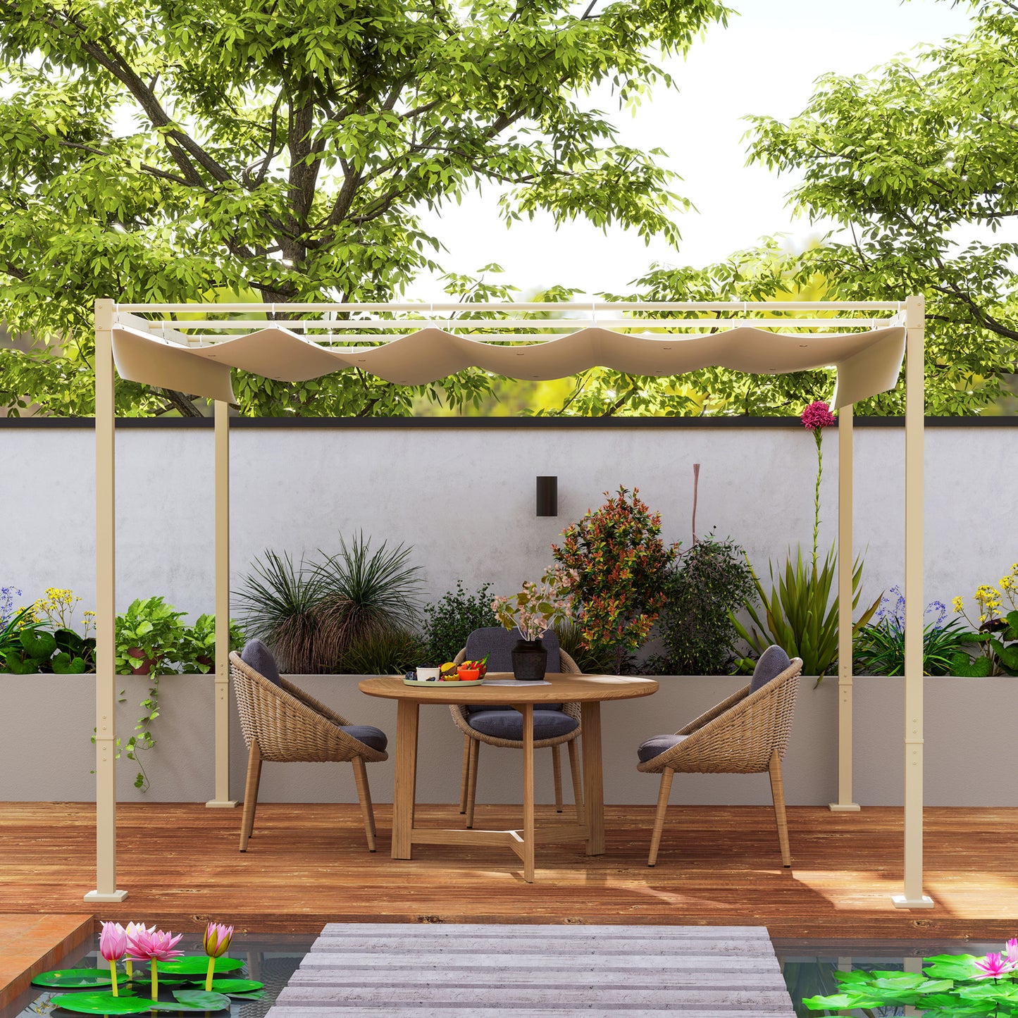 Outsunny 3 x 3(m) Pergola ogrodowa z rozsuwanym dachem i magnetycznym mocowaniem, zestaw pergoli zewnętrznej z baldachimem przeciwsłonecznym, UPF30+, khaki