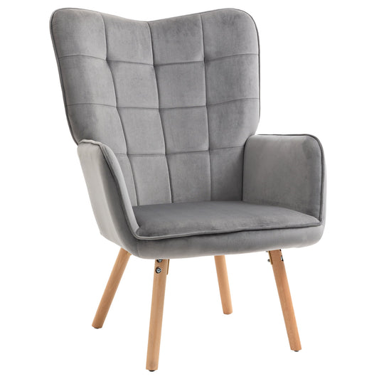 كرسي HOMCOM Modern Accent Chair بذراعين مبطن بمخمل ملمس مخملي مع مسند ظهر مجنح، كرسي صالة ترفيهي مبطن بأرجل خشبية، باللون الرمادي