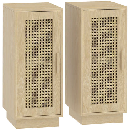 HOMCOM Set of 2 Bedside Tables with Rattan-Decor Doors, Boho Slim Nightstands with Adjustable Shelf, Natural Wood Finish