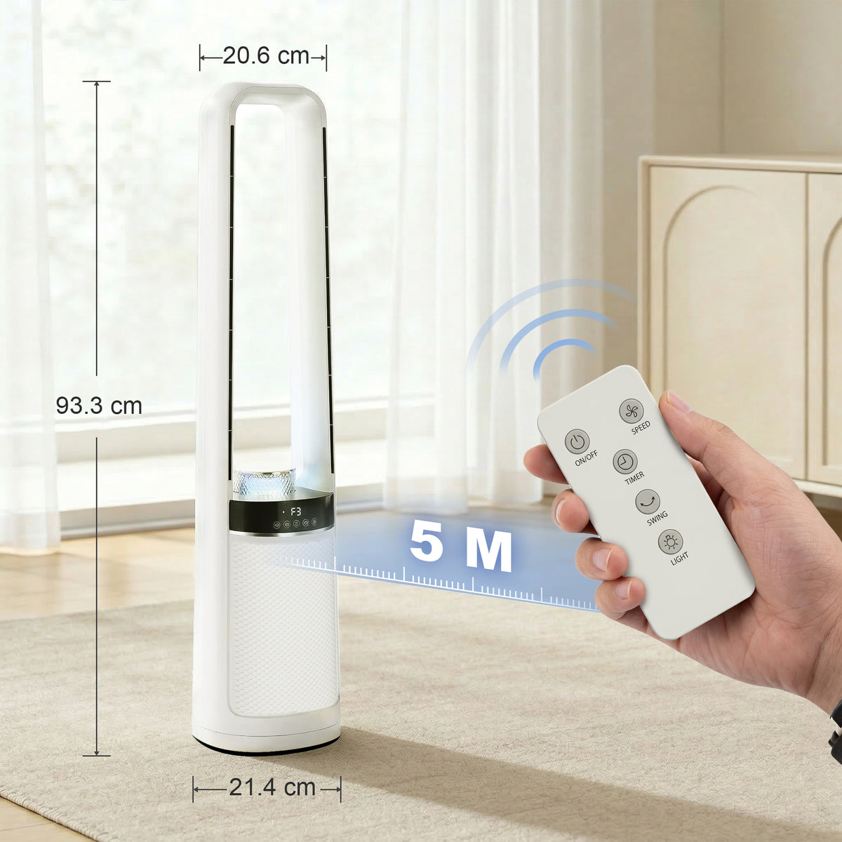 HOMCOM Bladeless Tower Fan, 36dB Standing Cooling Fan with Oscillating, LED Lights, 3 Speeds, 12H Timer, Remote Control