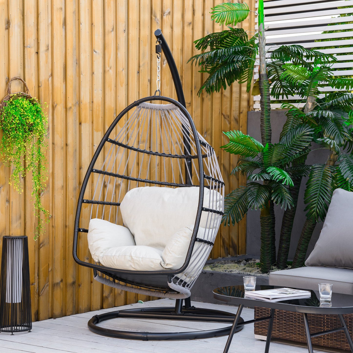 Outsunny Rattan Hanging Egg Chair with Folding Design, Weave PE Rope Swing Hammock with Cushion and Stand for Indoor Outdoor, Patio Garden Furniture, Black