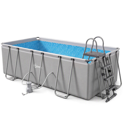 Outsunny Rectangle Steel Frame Swimming Pool with Ladder and Pump - Grey