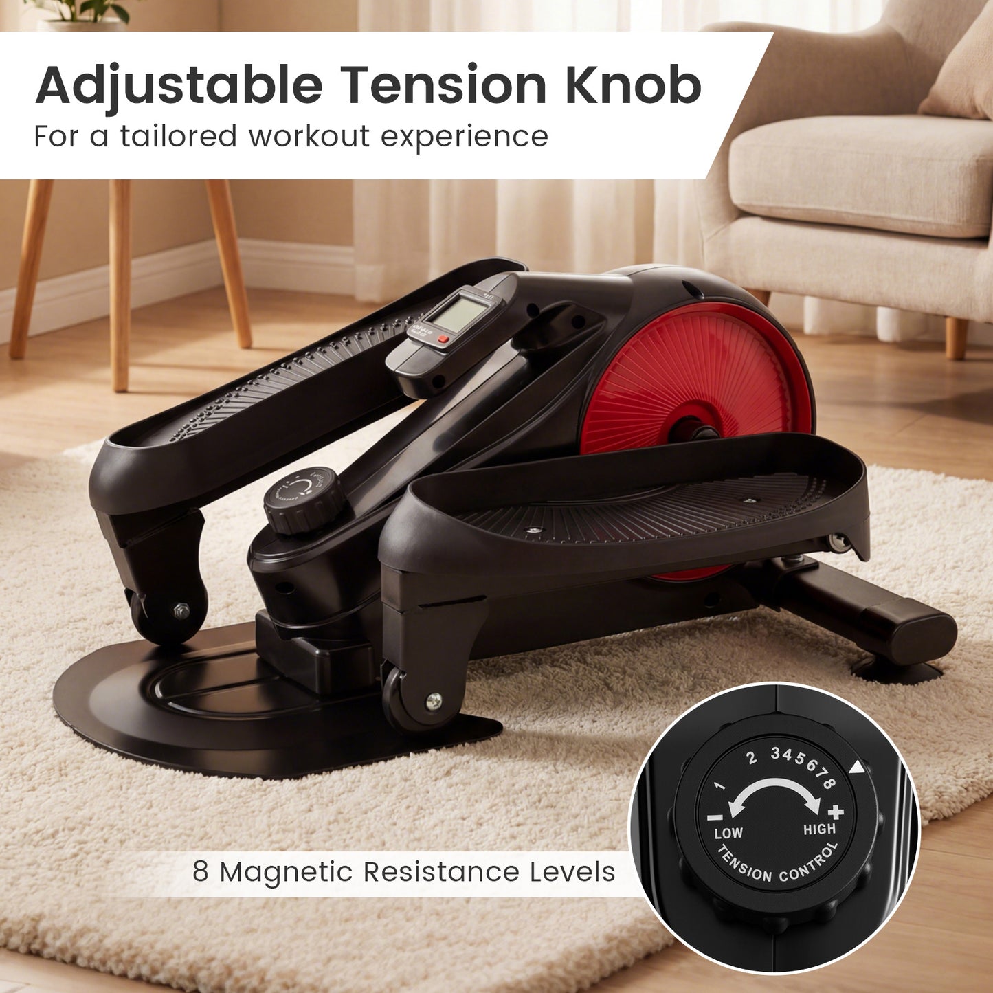 Under Desk Elliptical Pedal Exerciser Adjustable Magnetic Resistance-Red