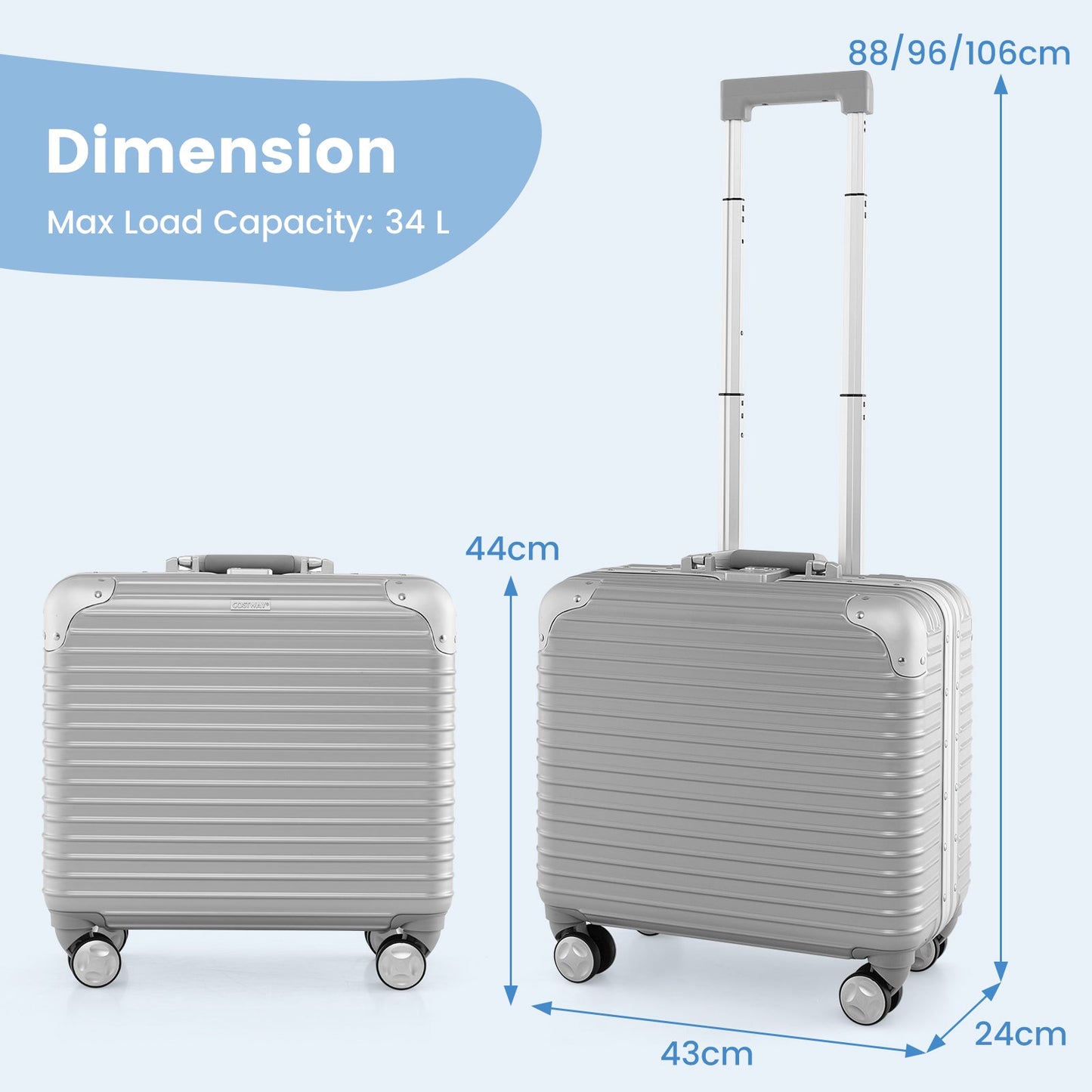 Under-seat Carry On Luggage with Spinner Wheels-Silver