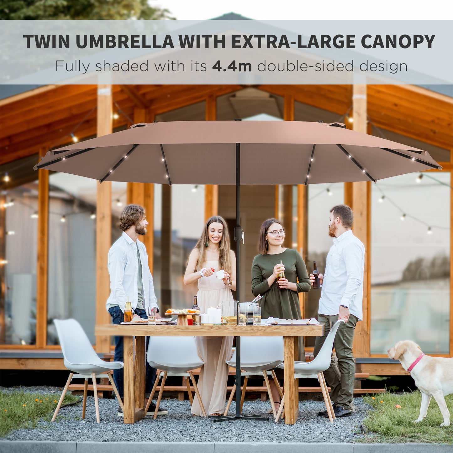 Outsunny Garden Parasol 4,4 m Dwustronny parasol słoneczny Patio Parasol LED Solar Lights Khaki