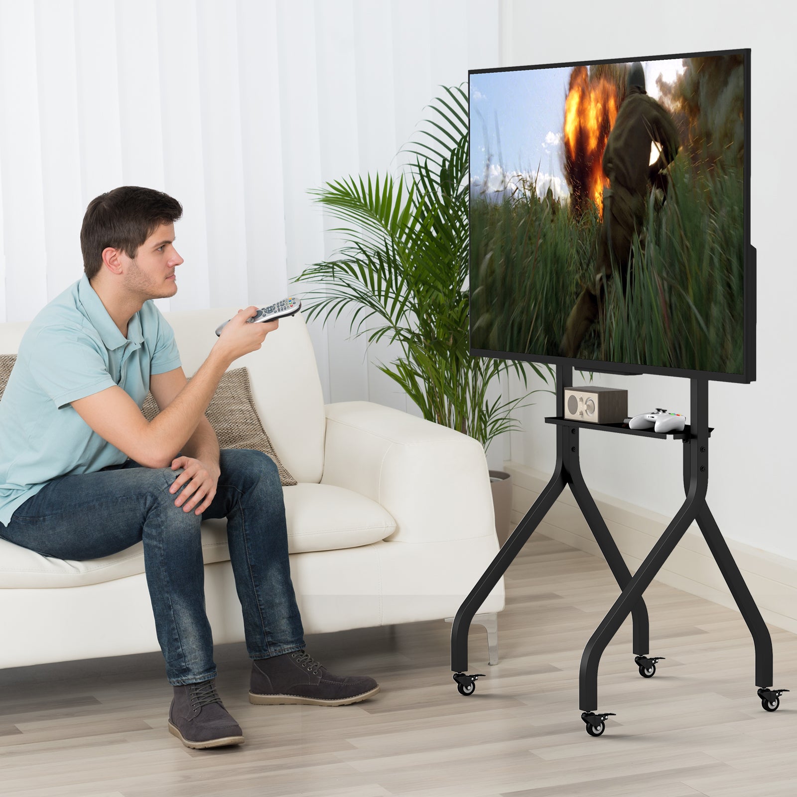 Height Adjustable Floor TV Stand with AV Shelf