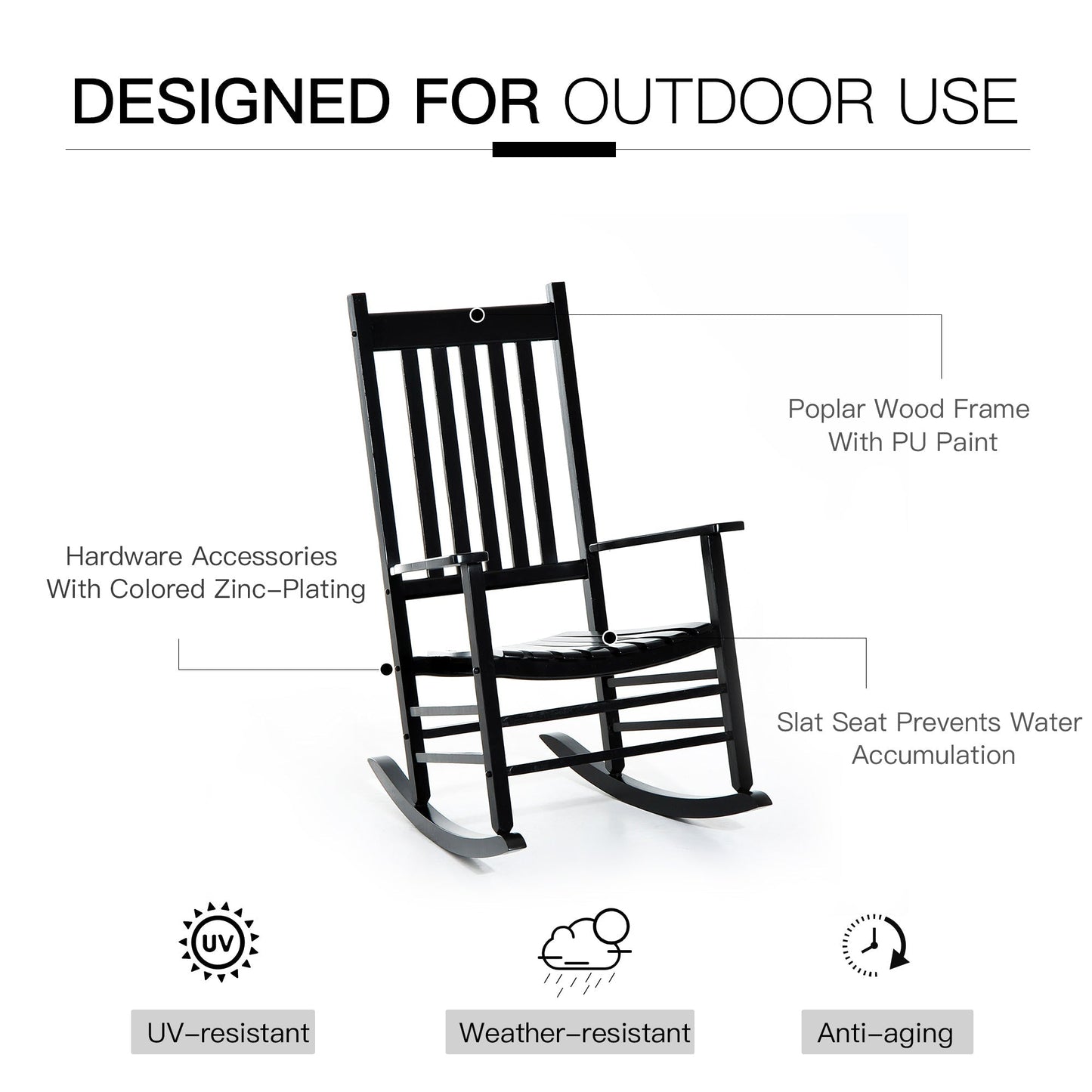 Outsunny Rocking Chair Armchair Wooden Patio Rocker Balcony Deck Outdoor Porch Garden Seat Black