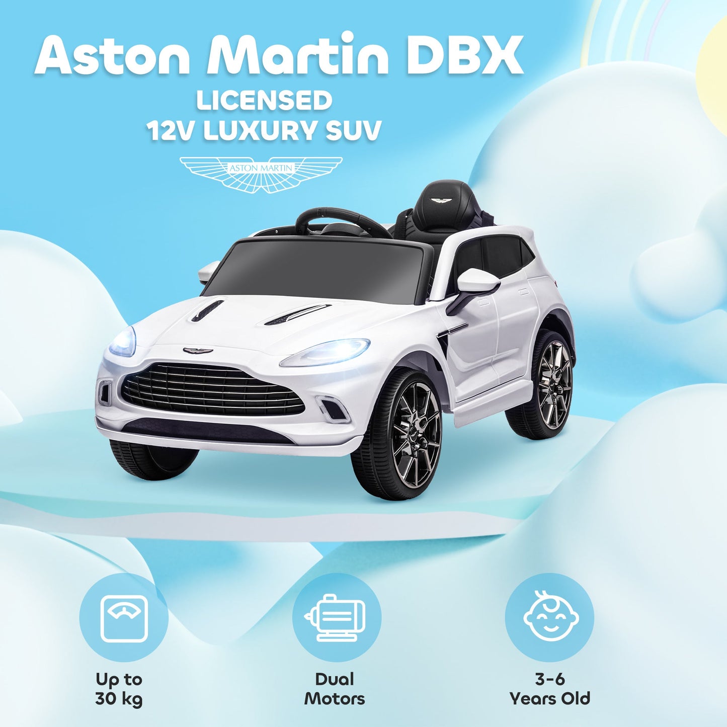 AIYAPLAY Aston Martin DBX Licencjonowany samochód elektryczny dla dzieci zasilany akumulatorem, 12 V, samochód dla dzieci z oświetleniem, klakson muzyczny, biały