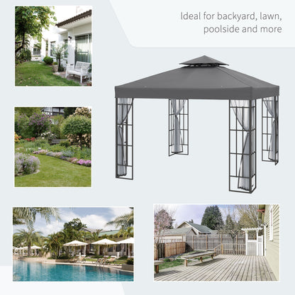 Outsunny 3 x 3(m) Patio Gazebo Canopy Garden Pavilion Tent Shelter with 2 Tier Roof and Mosquito Netting, Steel Frame, Grey