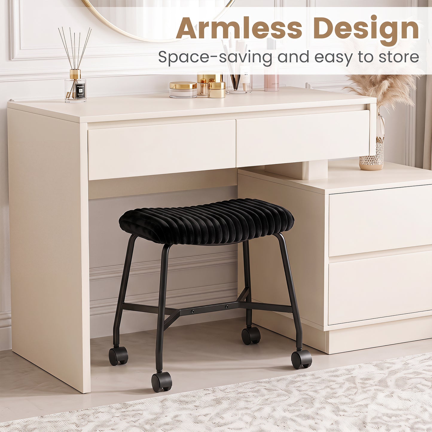 Upholstered Footrest Stool Set of 2 with 4 Swivel Casters & 7.5 cm Thick Cushion for Bedroom-Black