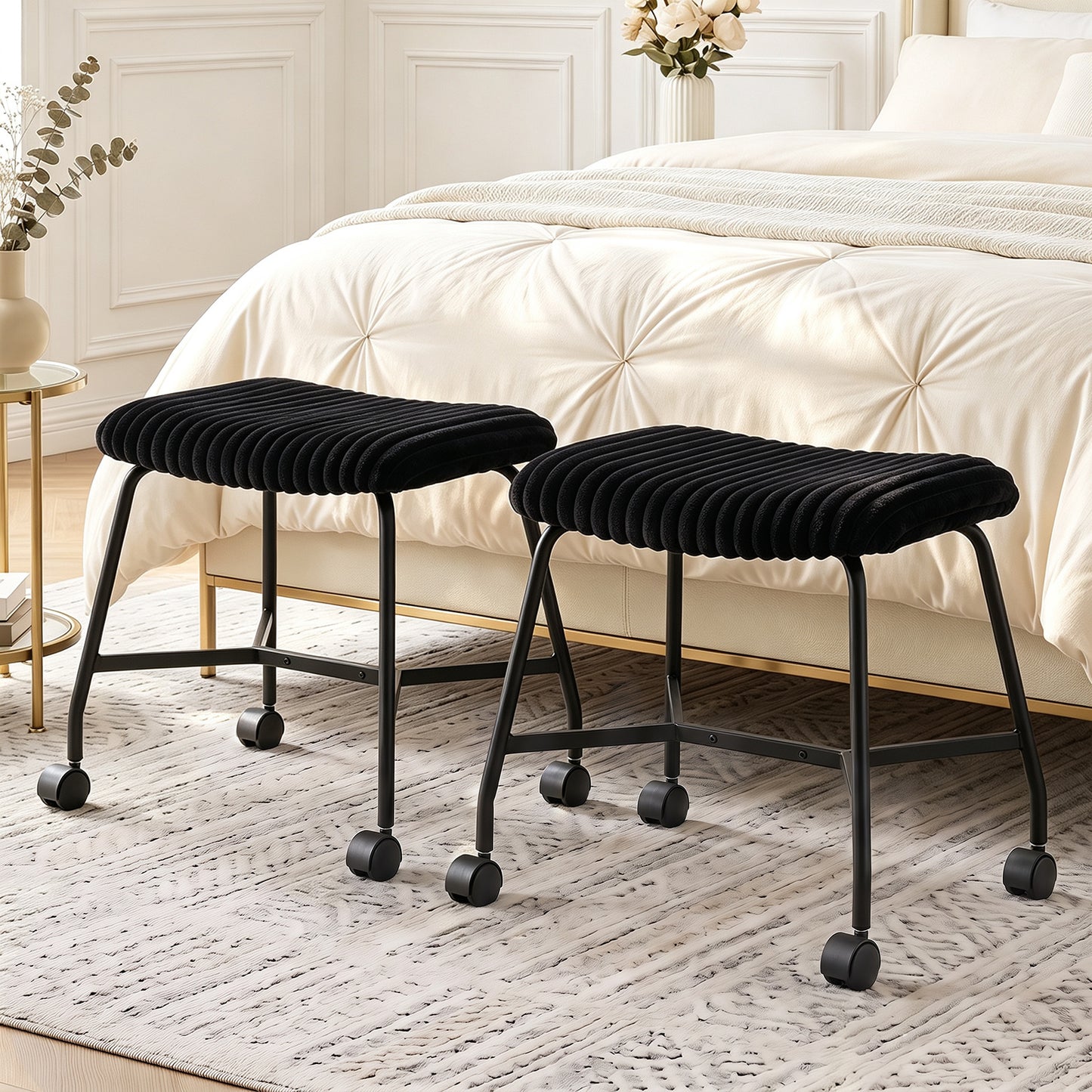 Upholstered Footrest Stool Set of 2 with 4 Swivel Casters & 7.5 cm Thick Cushion for Bedroom-Black