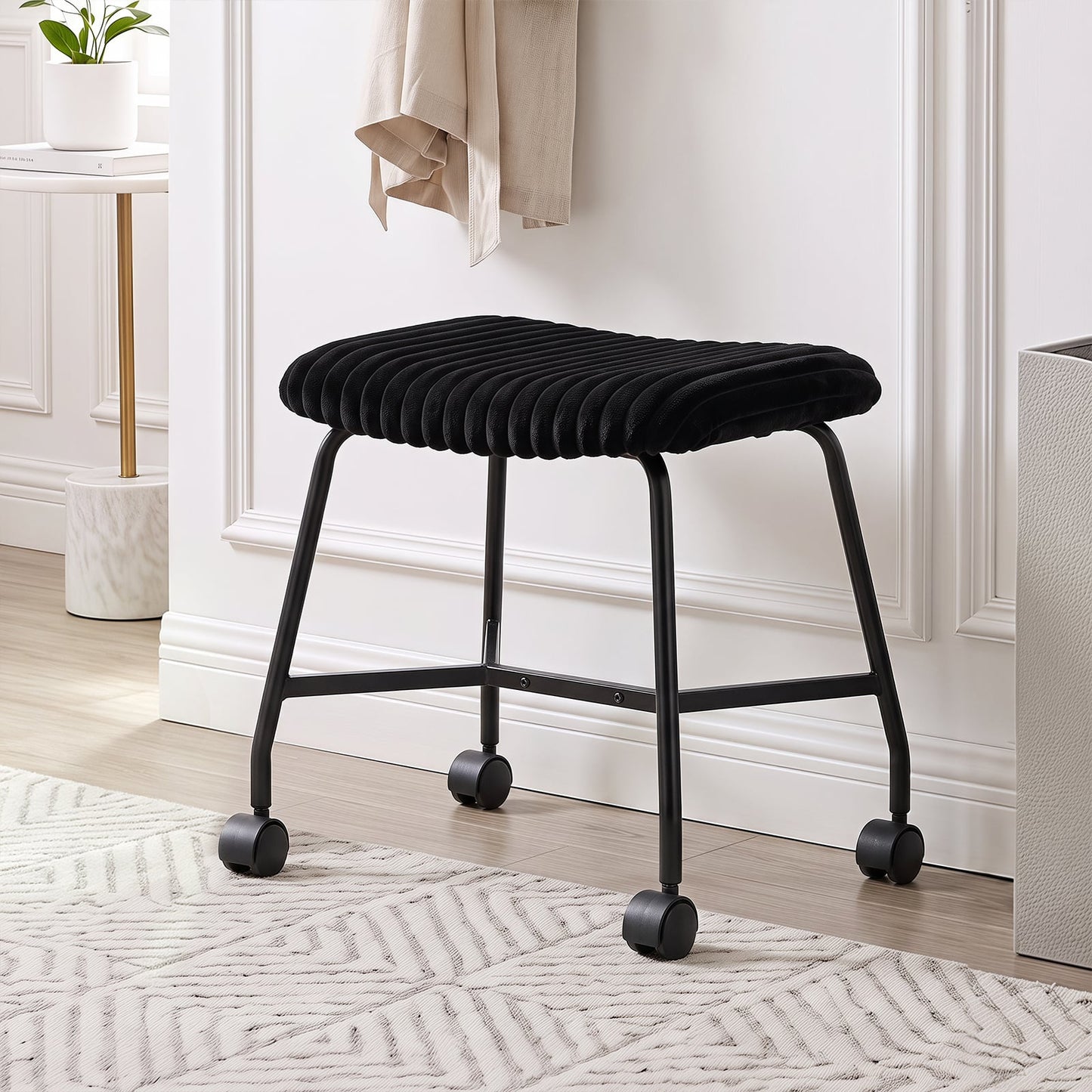 Upholstered Footrest Stool Set of 2 with 4 Swivel Casters & 7.5 cm Thick Cushion for Bedroom-Black