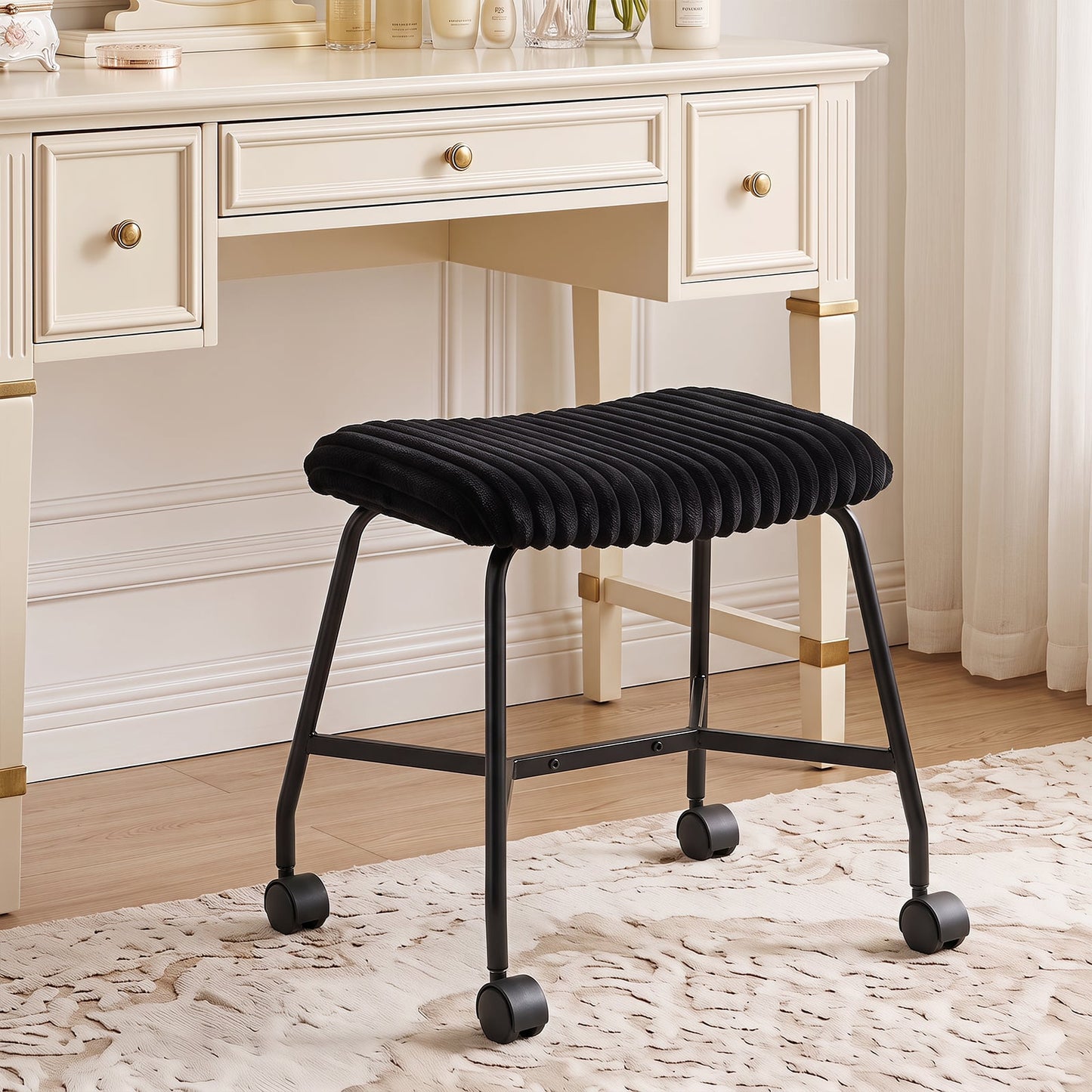 Upholstered Footrest Stool Set of 2 with 4 Swivel Casters & 7.5 cm Thick Cushion for Bedroom-Black