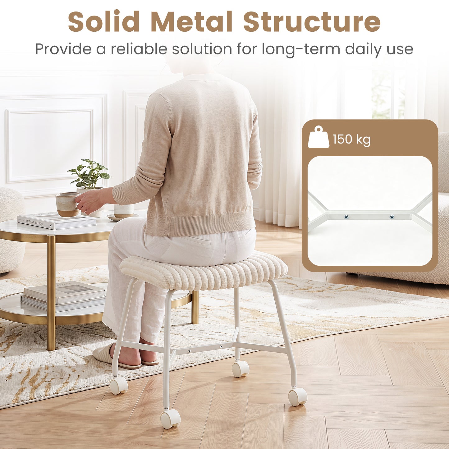 Upholstered Footrest Stool Set of 2 with 4 Swivel Casters & 7.5 cm Thick Cushion for Bedroom-White
