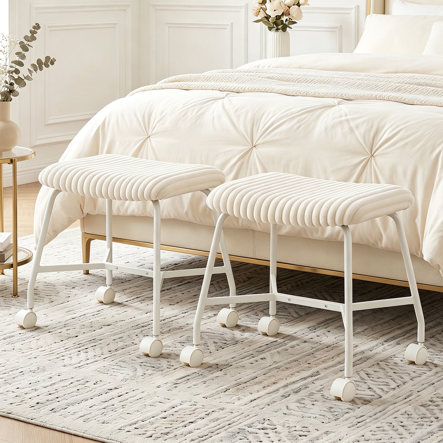 Upholstered Footrest Stool Set of 2 with 4 Swivel Casters & 7.5 cm Thick Cushion for Bedroom-White