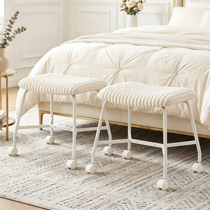 Upholstered Footrest Stool Set of 2 with 4 Swivel Casters & 7.5 cm Thick Cushion for Bedroom-White