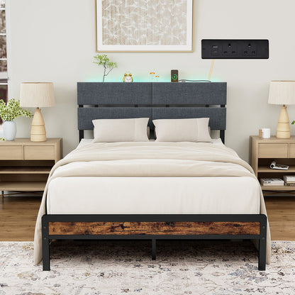 Upholstered Metal Platform Bed with Charging Station and LED Lights-Double Size