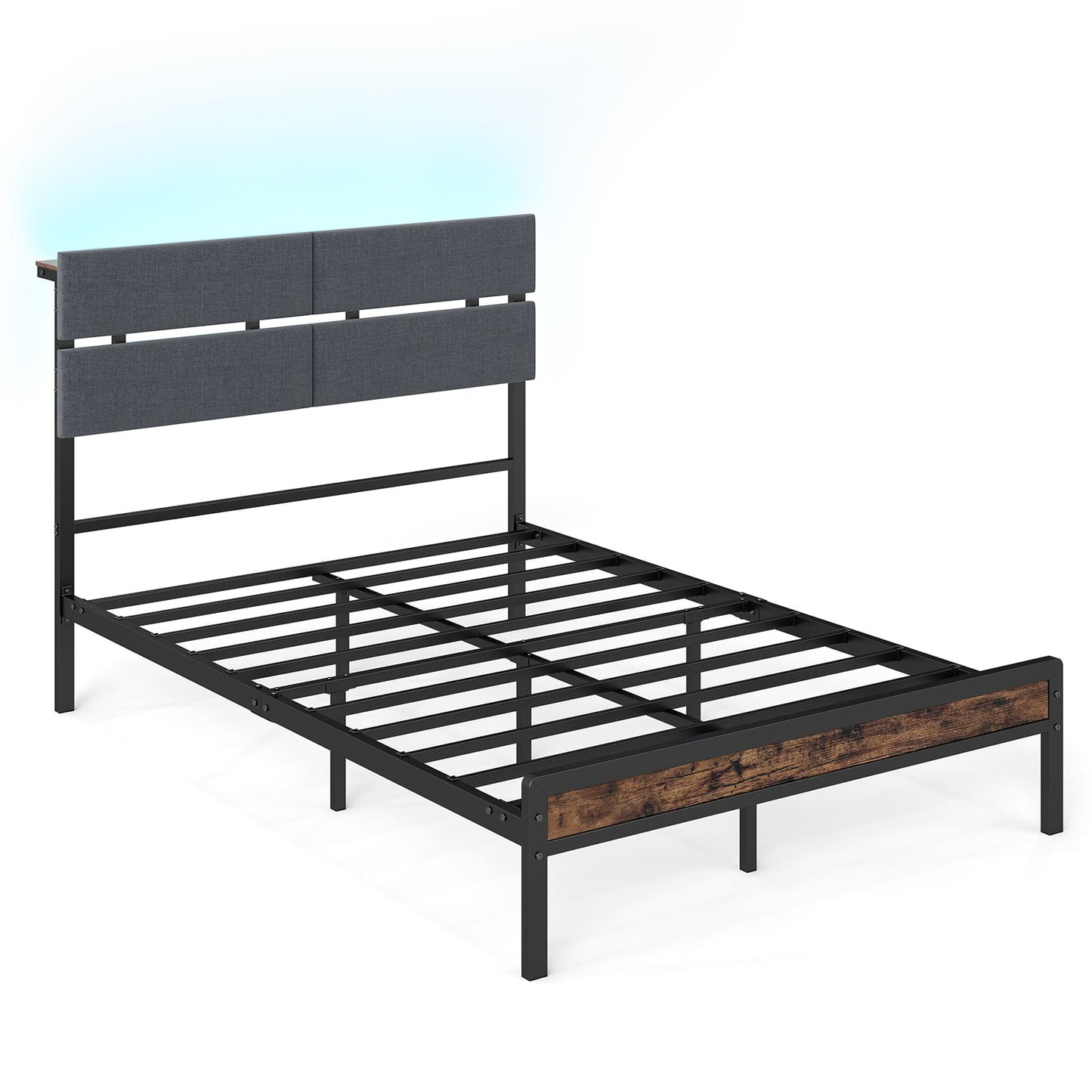 Upholstered Metal Platform Bed with Charging Station and LED Lights-Double Size