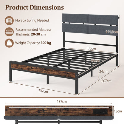 Upholstered Metal Platform Bed with Charging Station and LED Lights-Double Size