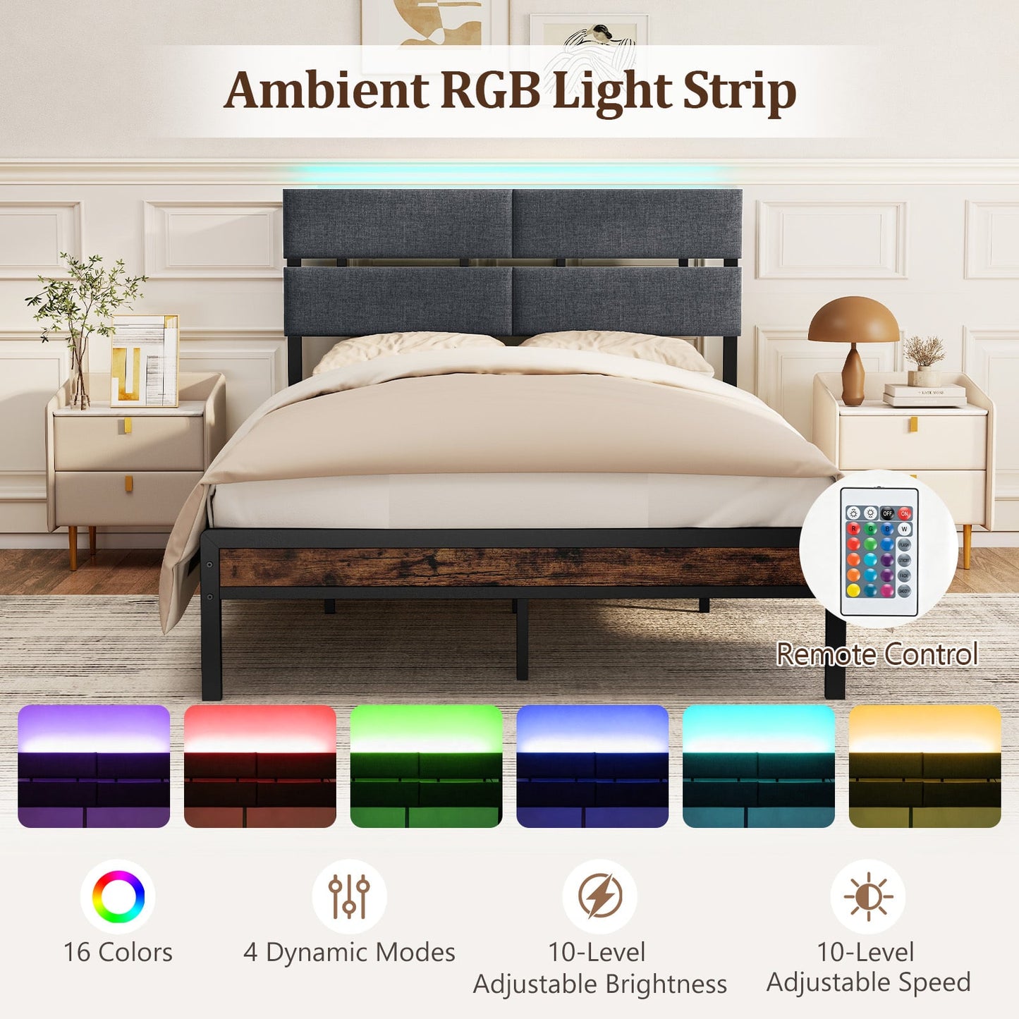 Upholstered Metal Platform Bed with Charging Station and LED Lights-Double Size