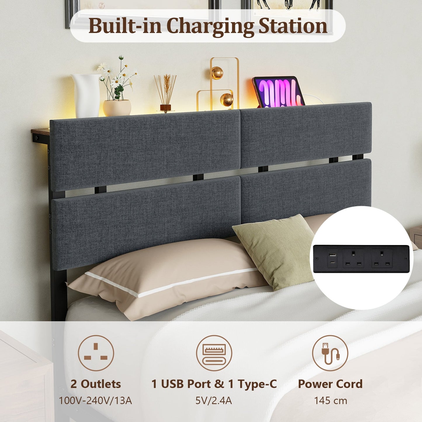Upholstered Metal Platform Bed with Charging Station and LED Lights-Double Size