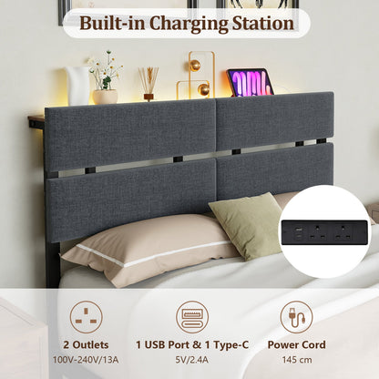 Upholstered Metal Platform Bed with Charging Station and LED Lights-Double Size