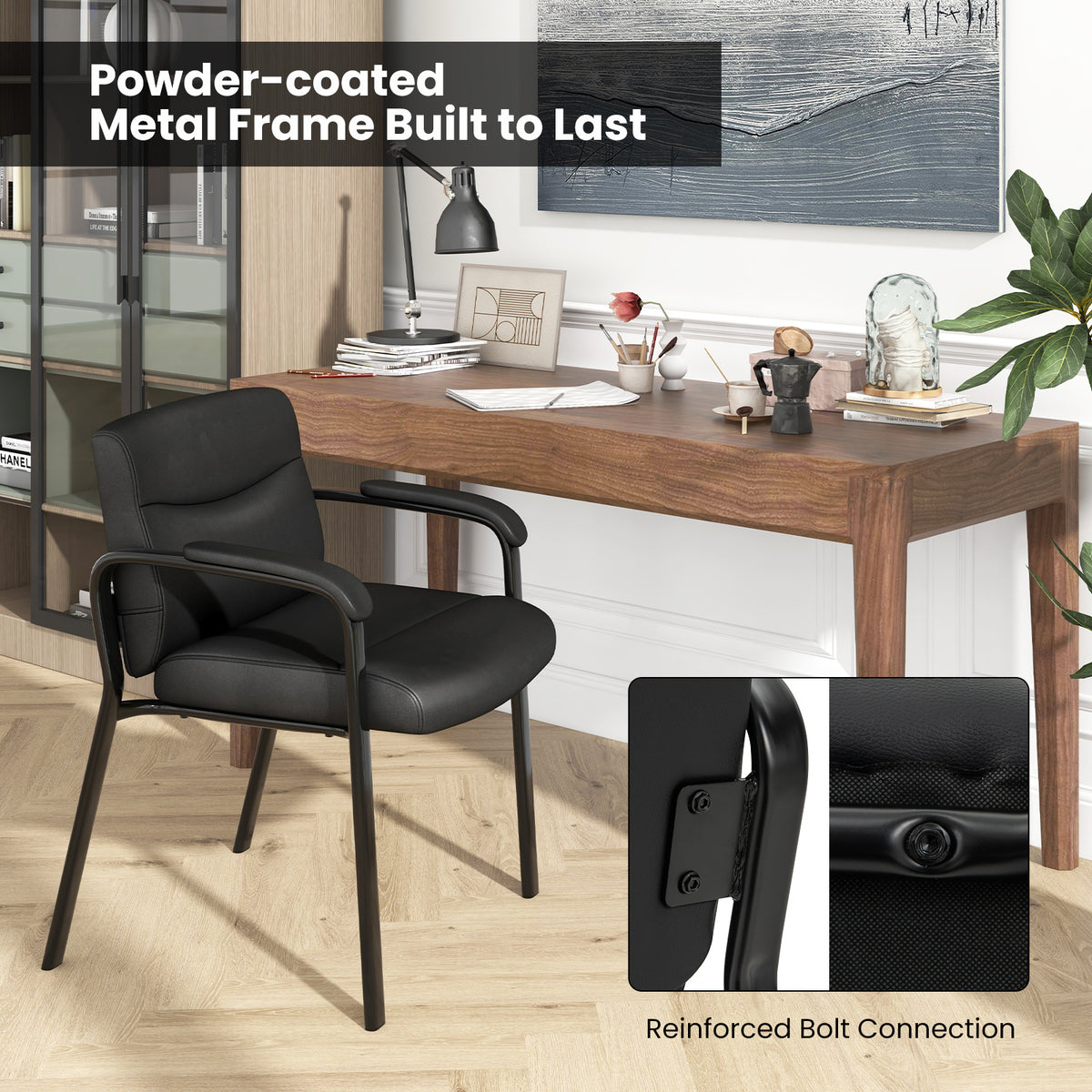 Upholstered Waiting Room Chair No Wheels Set of 4 with Padded Armrests-Black