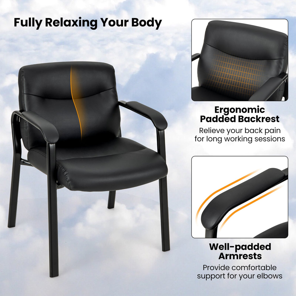 Upholstered Waiting Room Chair No Wheels Set of 4 with Padded Armrests-Black