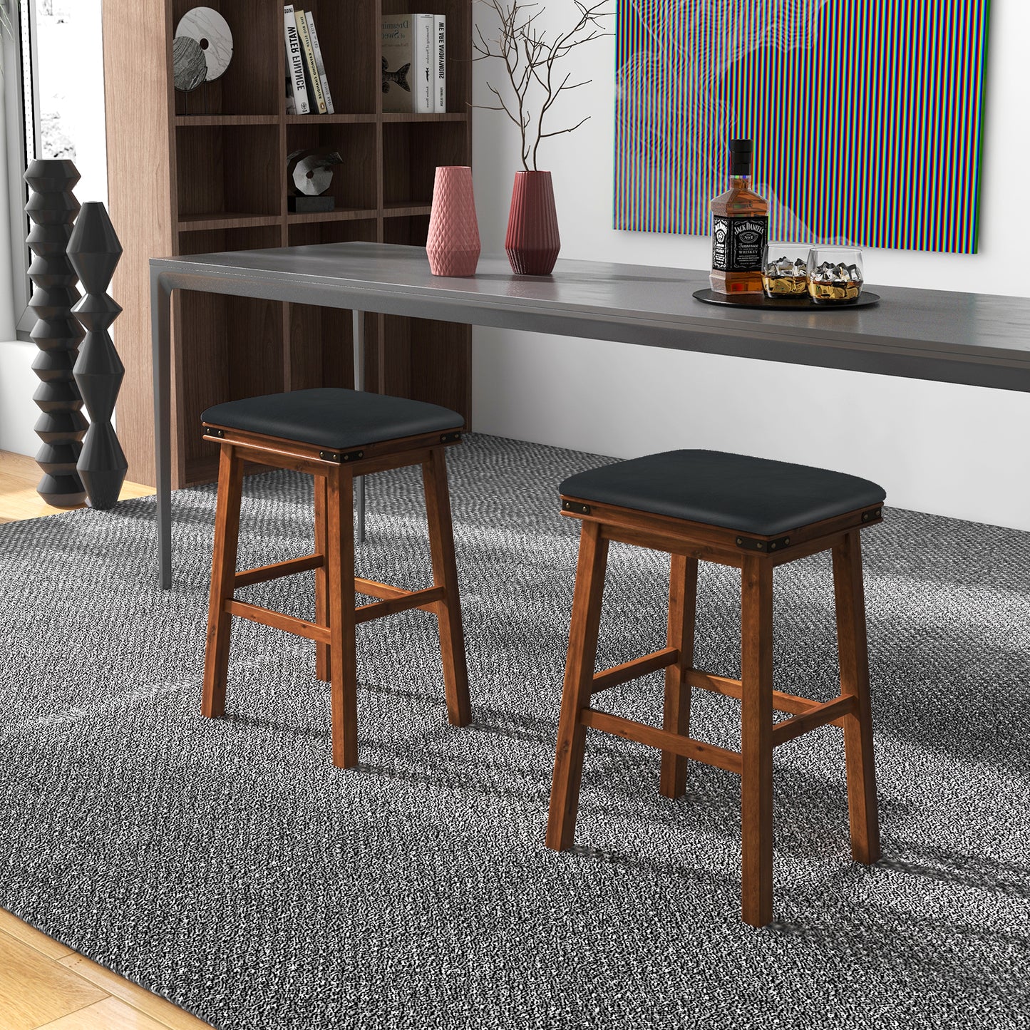 Set of 2 Upholstered Bar Stool 76cm Backless Height Bar with Footrest-Brown
