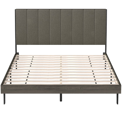 Upholstered Bed Frame Wooden Slats Support Mattress Foundation