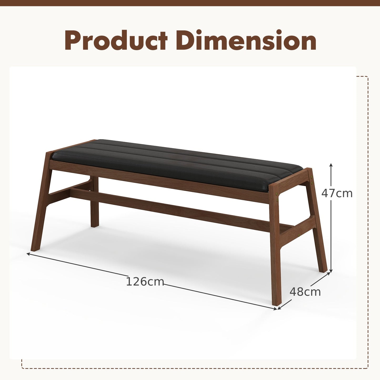 Upholstered Bench with Padded Cushion Solid Rubber Wood Frame-Brown