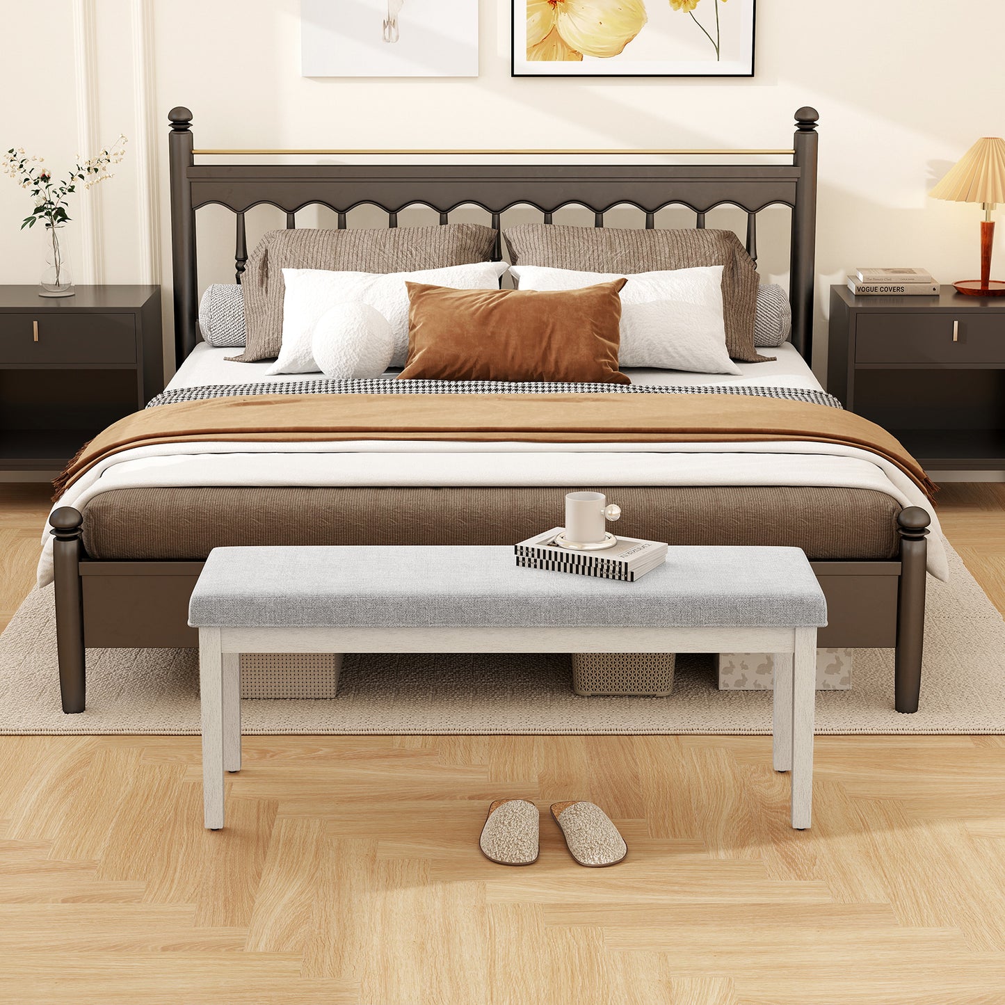 Upholstered Dining Bench Shoe Bench with Rubber Wood Legs and 300 KG Max Load-Light Grey