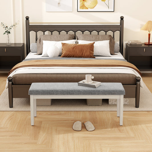 Upholstered Dining Bench Shoe Bench with Rubber Wood Legs and 300 KG Max Load-Dark Grey