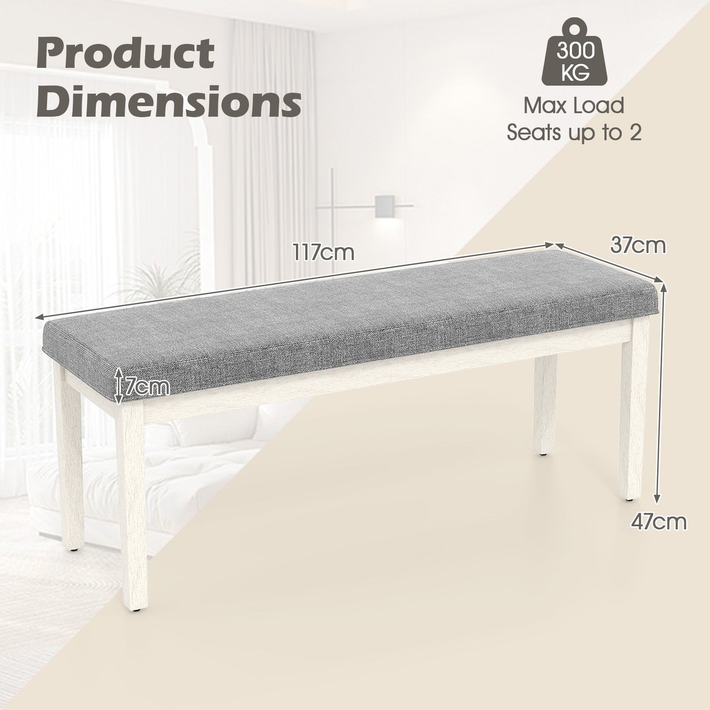 Upholstered Dining Bench Shoe Bench with Rubber Wood Legs and 300 KG Max Load-Dark Grey