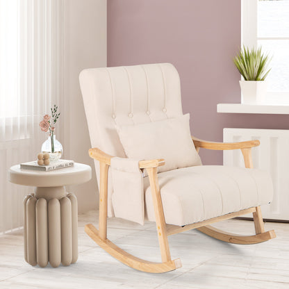 Upholstered Glider Rocker Chair with High Backrest and Cushioned Seat-Beige
