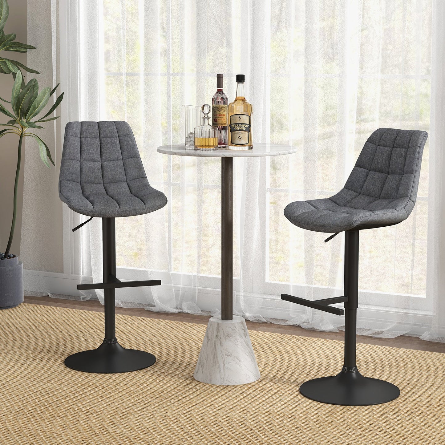 Upholstered Height Adjustable Bar Stools Set of 2 with Fabric Backrest-Grey