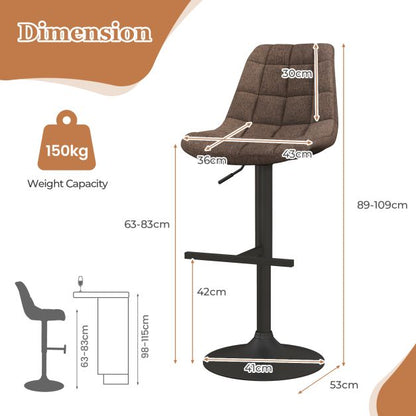Upholstered Height Adjustable Bar Stools Set of 2 with Fabric Backrest-Brown