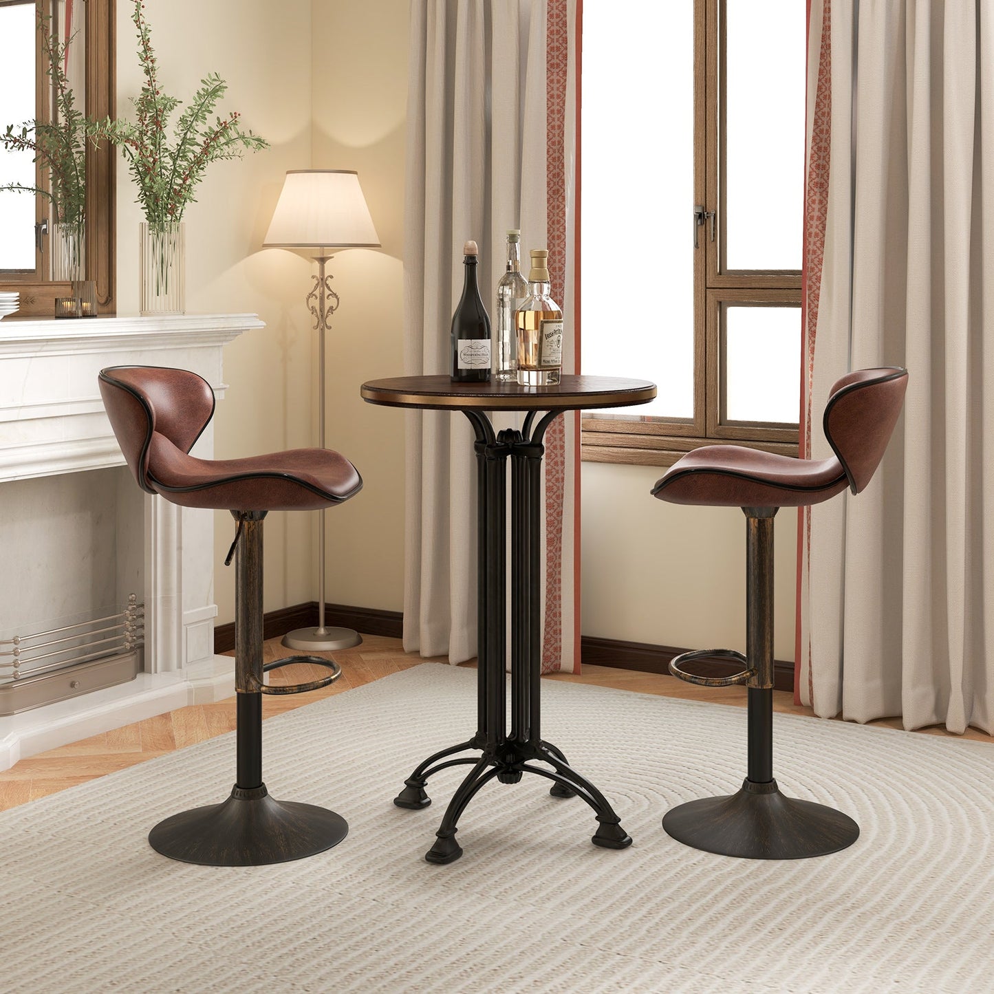 Upholstered Height-adjustable Bar Stools Set of 2 with Backrest and Metal Frame-Rustic Brown