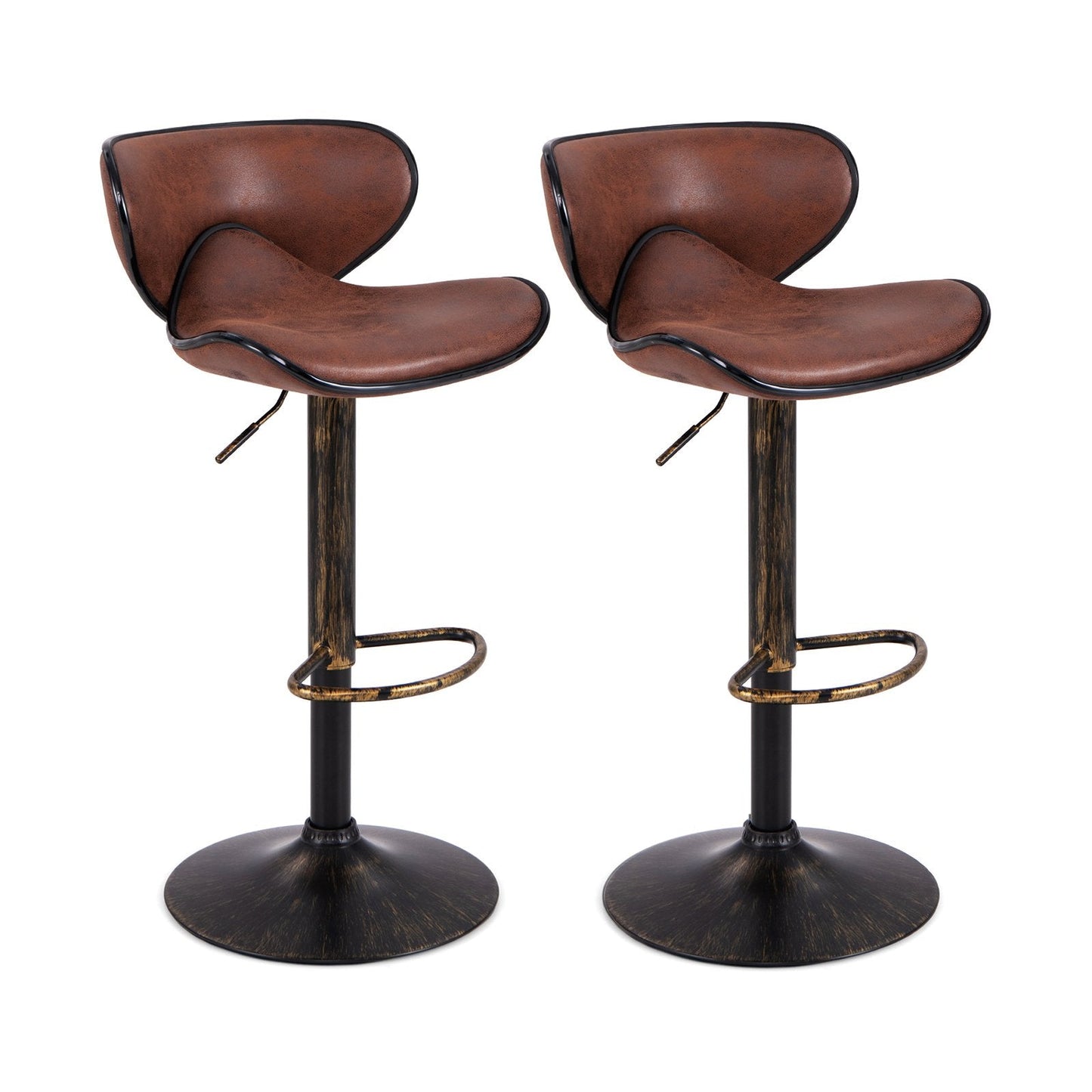 Upholstered Height-adjustable Bar Stools Set of 2 with Backrest and Metal Frame-Rustic Brown