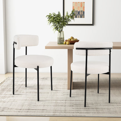 Round Sherpa Upholstered Kitchen Armless Chairs with Curved Backrest Set of 4-Beige