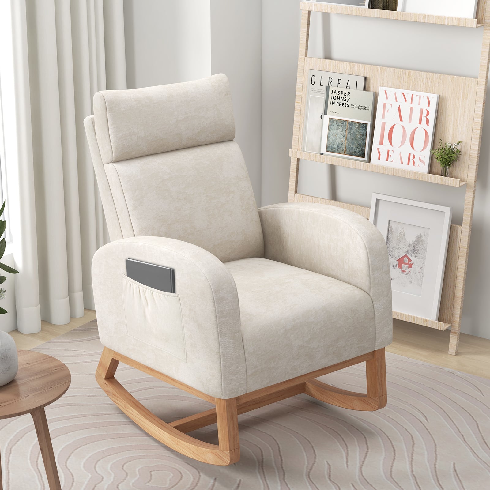 Upholstered Chenille Nursery Rocking Chair with Rubber Wood Frame-Beige