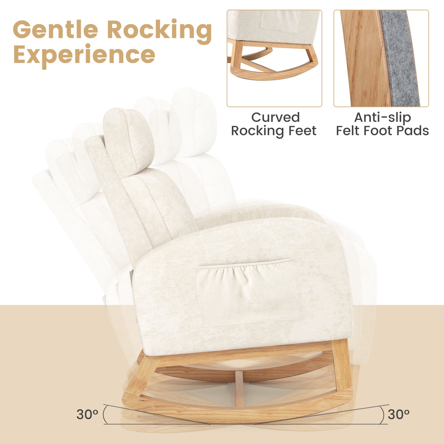 Upholstered Chenille Nursery Rocking Chair with Rubber Wood Frame-Beige