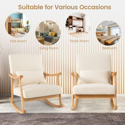 Upholstered Rocking Chair Modern Rocker with Rubber Wood Frame-Beige